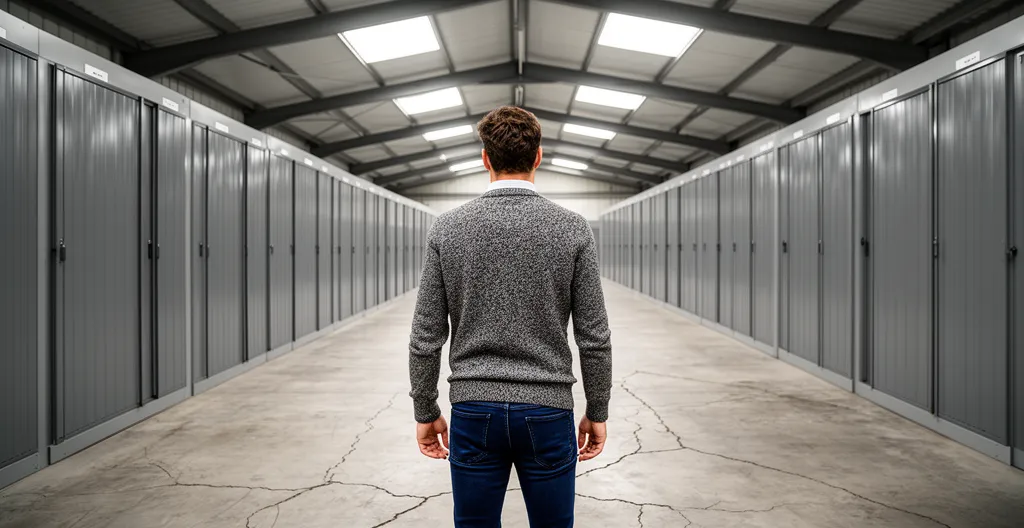 Visiteur découvrant les allées de boxes sécurisés dans un garde-meubles toulousain