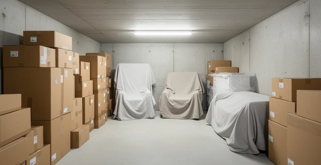 Mobilier emballé et cartons prêts pour le stockage en garde-meubles